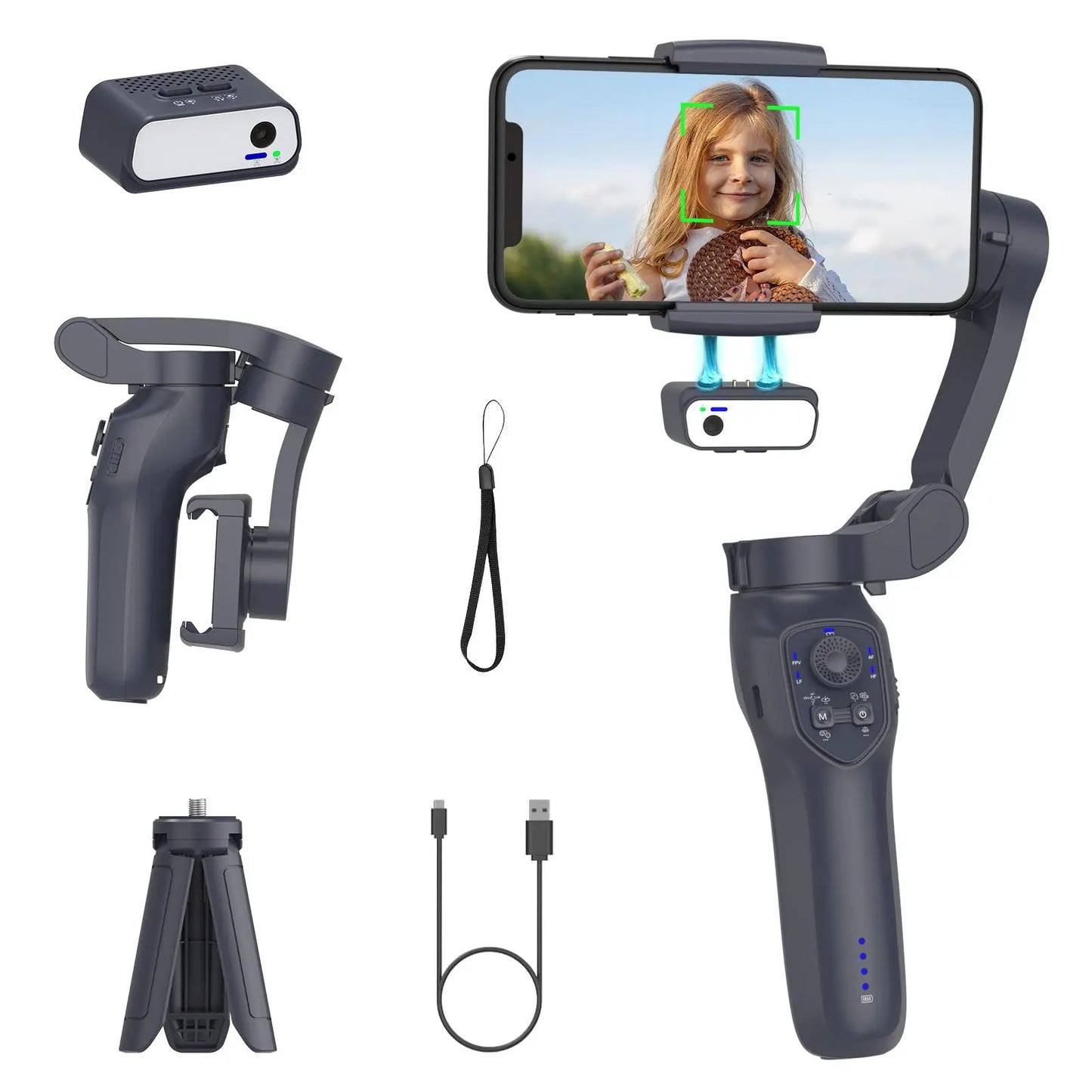 AI Tracking Phone Gimbal Stabilizer, 3-Axis Foldable Smartphone Gimbal with Focus Wheel for Iphone 15/14 Pro Max and Android, Travel and Selfie Accessory, Tech Gimbal