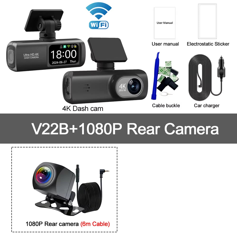 UHD 4K Wifi Dash Cam Dual Lens Driving Recorder Car DVR Optional 1080P Rear Lens Camera GPS 24H Parking Monitoring Black Box